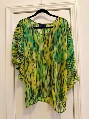 Jones New York Yellow and Green Patterned Flutter Sleeve Tunic